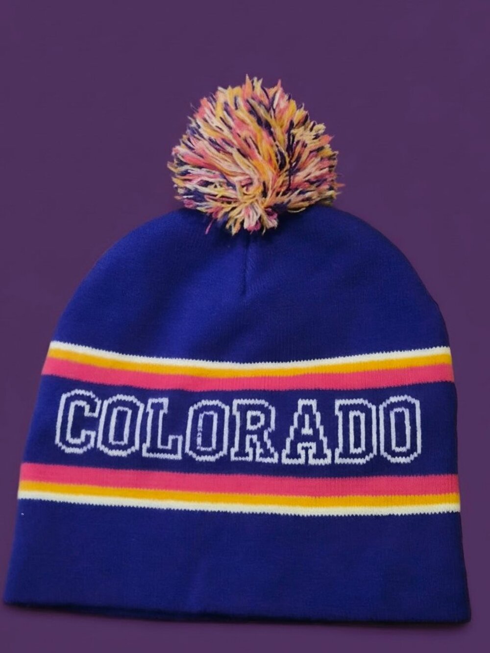 Colorado Pom Beanie Hat Purple Striped Winter Ski Knit Gorpcore Women's EUC